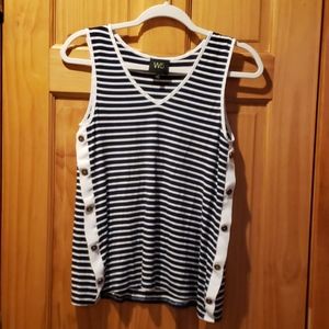 W5 blue & white strip nautical Preppy side faux button tank